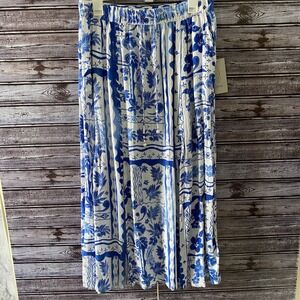 Joie Women's Skirt Size L White Blue Pull-On Tie Slits Linen Blend Pockets NWT